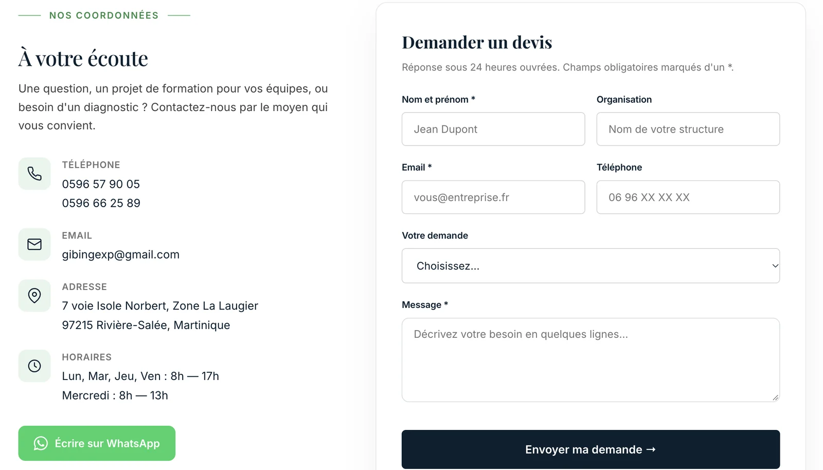 Après : nouvelle page contact avec coordonnées complètes, horaires, WhatsApp et formulaire de demande structuré